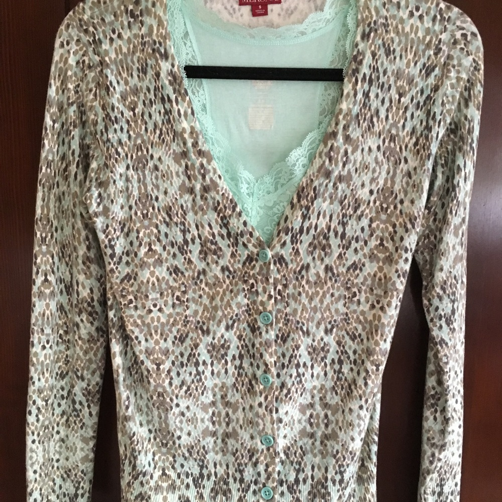 Grey and mint Green vneck cardigan with Tank